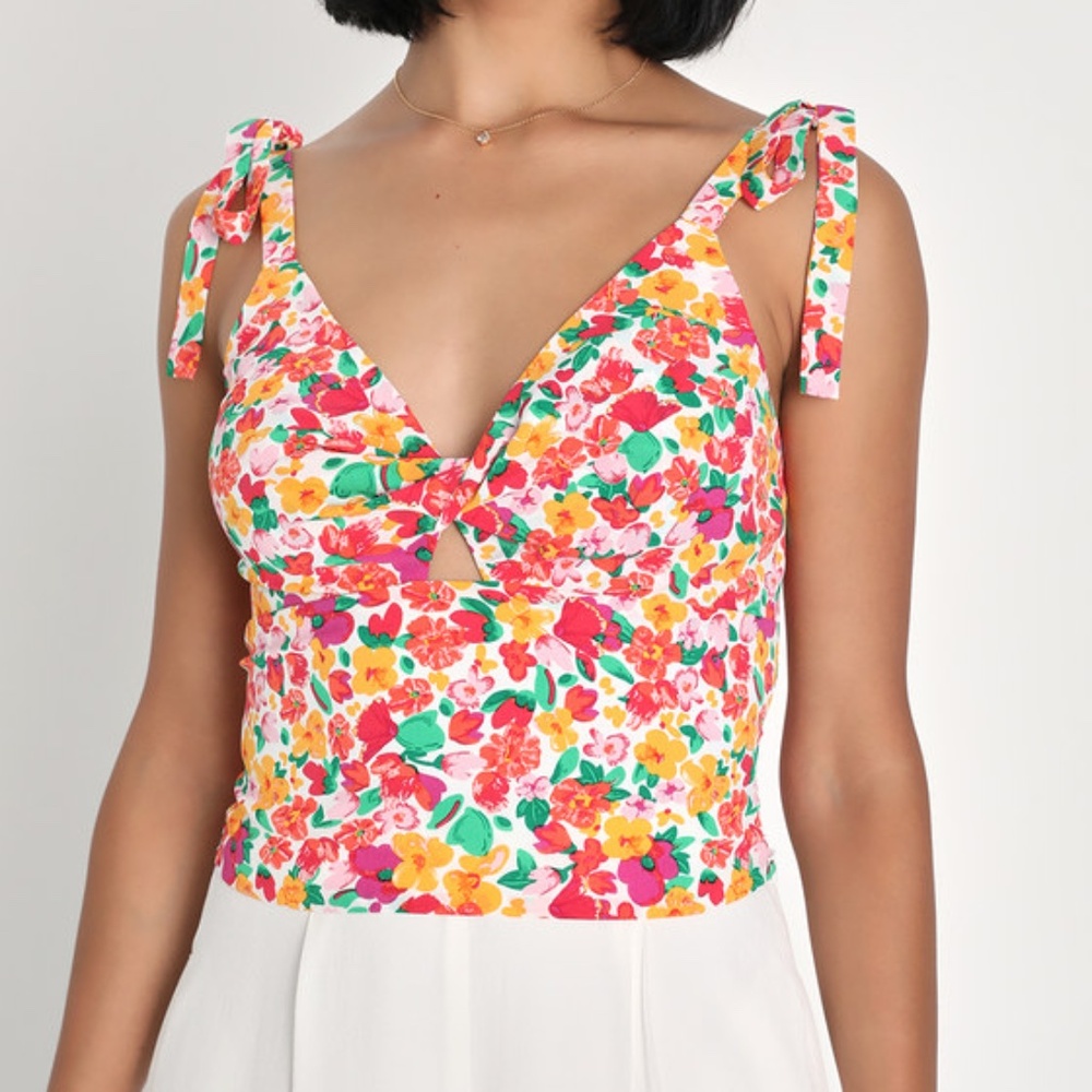 Lulus Blooming Fixation Ivory Floral Twist-front Tie-strap Top White - Size S